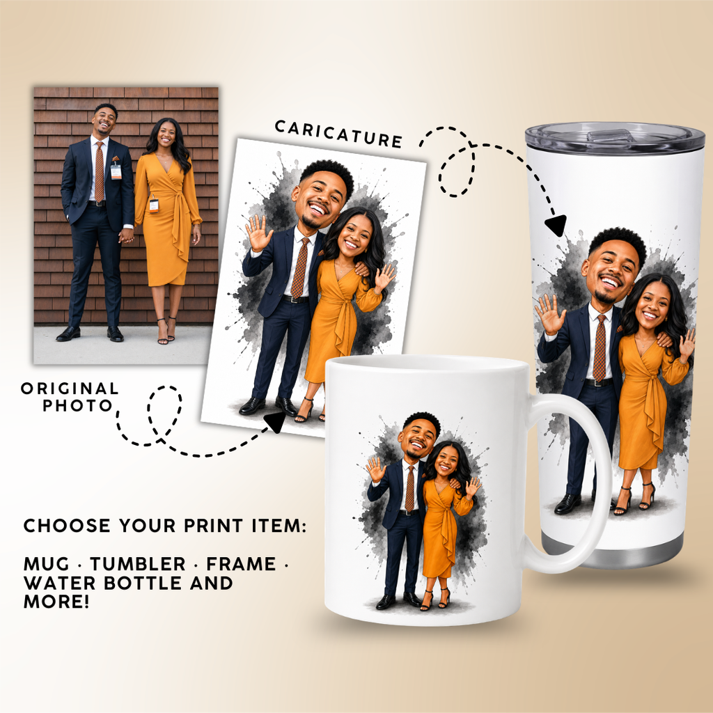 Custom Caricature from Your Photo | Personalized Mug, Framed Print, Tumbler & Water Bottle